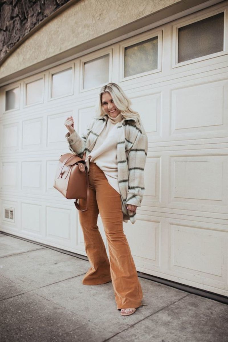 Flare pants look amazing paired with a shacket.